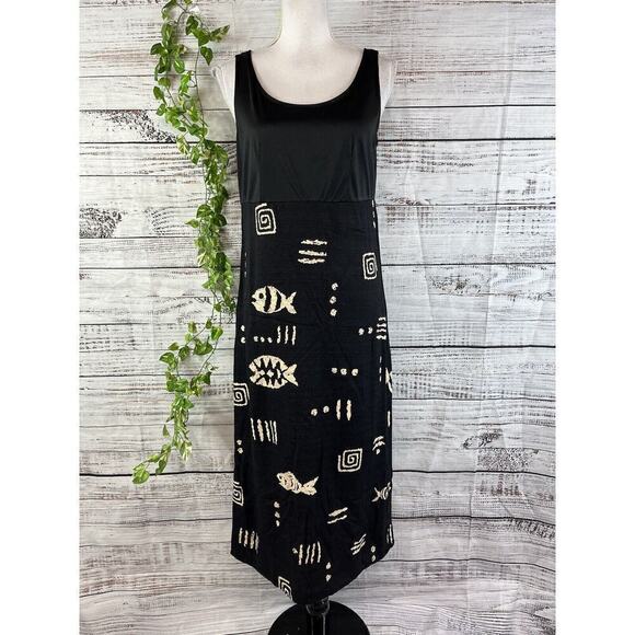 Molly Malloy Dress size 8 Petite Black Tan Fish Aztec Midi Artsy Teacher School - Picture 2 of 16